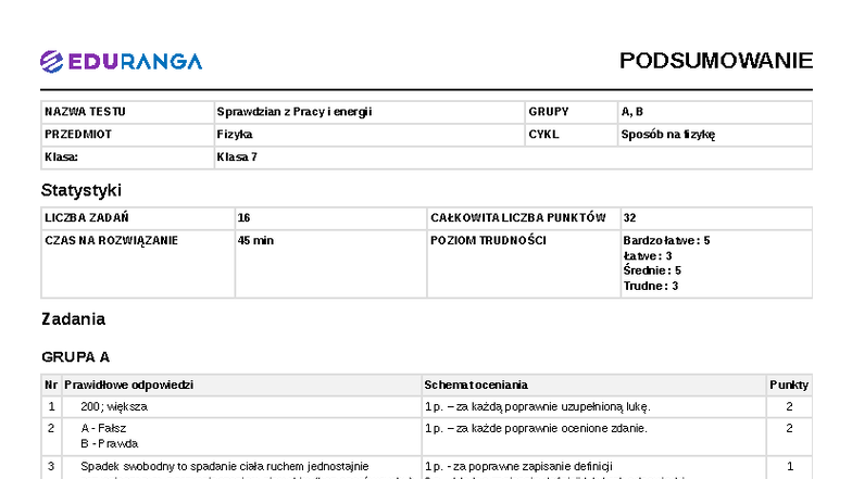 PODSUMOWANIE Sprawdzian z Pracy i Energii - Klasa 7 GRUPY A, B - Studocu