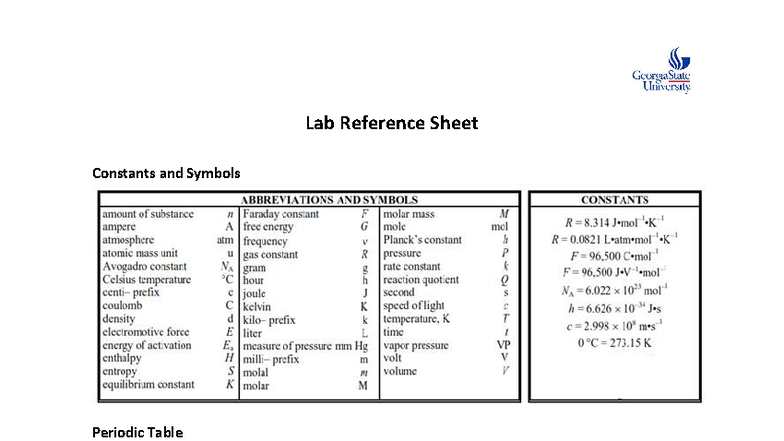 GSU Lab Reference Sheet - CHEM 1211 L - Georgia State University Rev ...