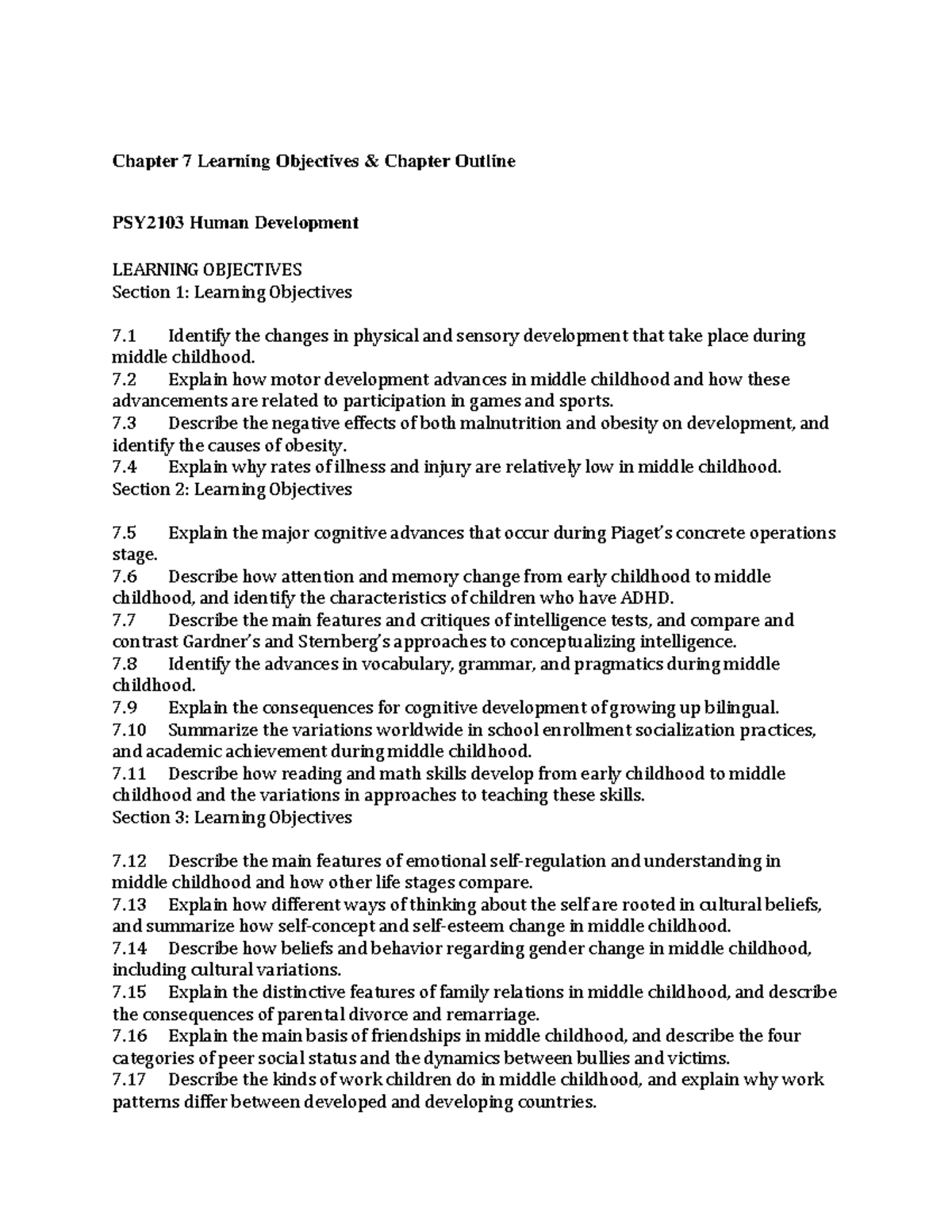 Chapter 7 Learning Objectives: PSY2103 Human Development Insights - Studocu
