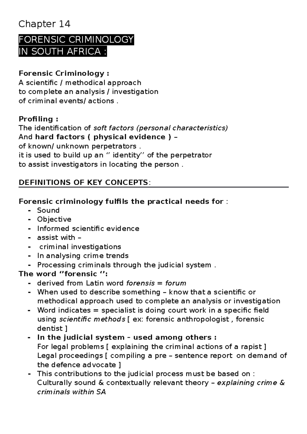 Chapter 14 - Summary of Forensic Criminology in South Africa - Studocu