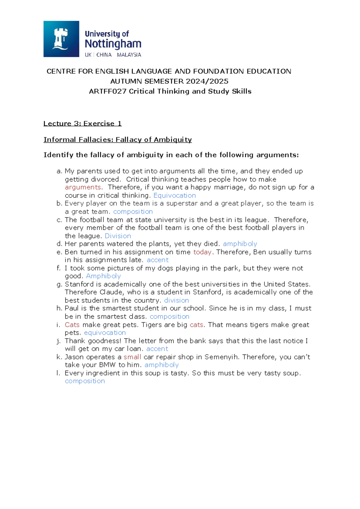 ARTFF027 Critical Thinking & Study Skills: Lecture 3 Fallacies Exercise ...