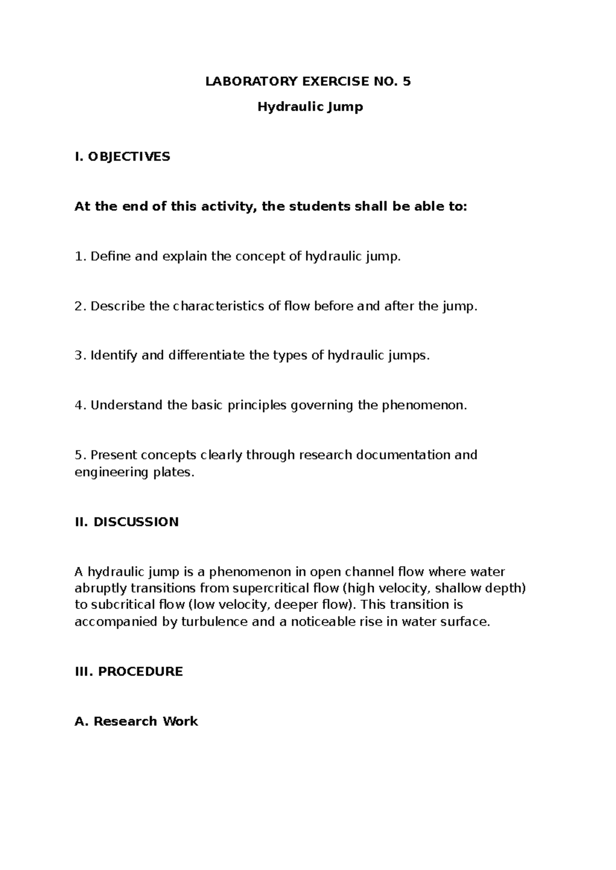 LAB EXERCISE NO. 5: Understanding Hydraulic Jumps in Fluid Mechanics ...