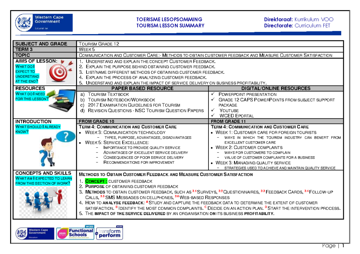 TOURISM GRADE 12 LESSON SUMMARY: CUSTOMER FEEDBACK & SERVICE DELIVERY ...