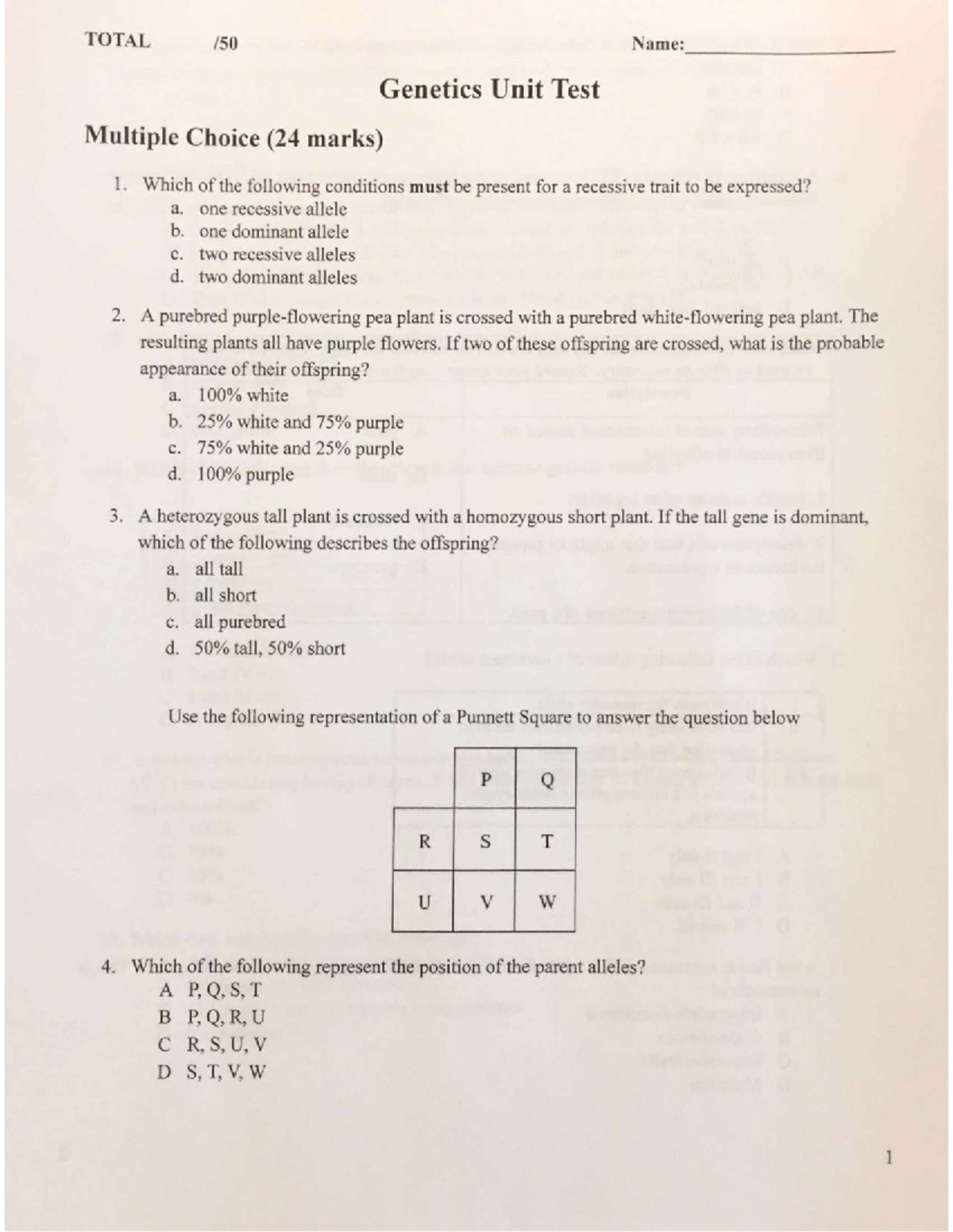 Genetics Unit Test (BIO 101) - Multiple Choice Questions - Studocu