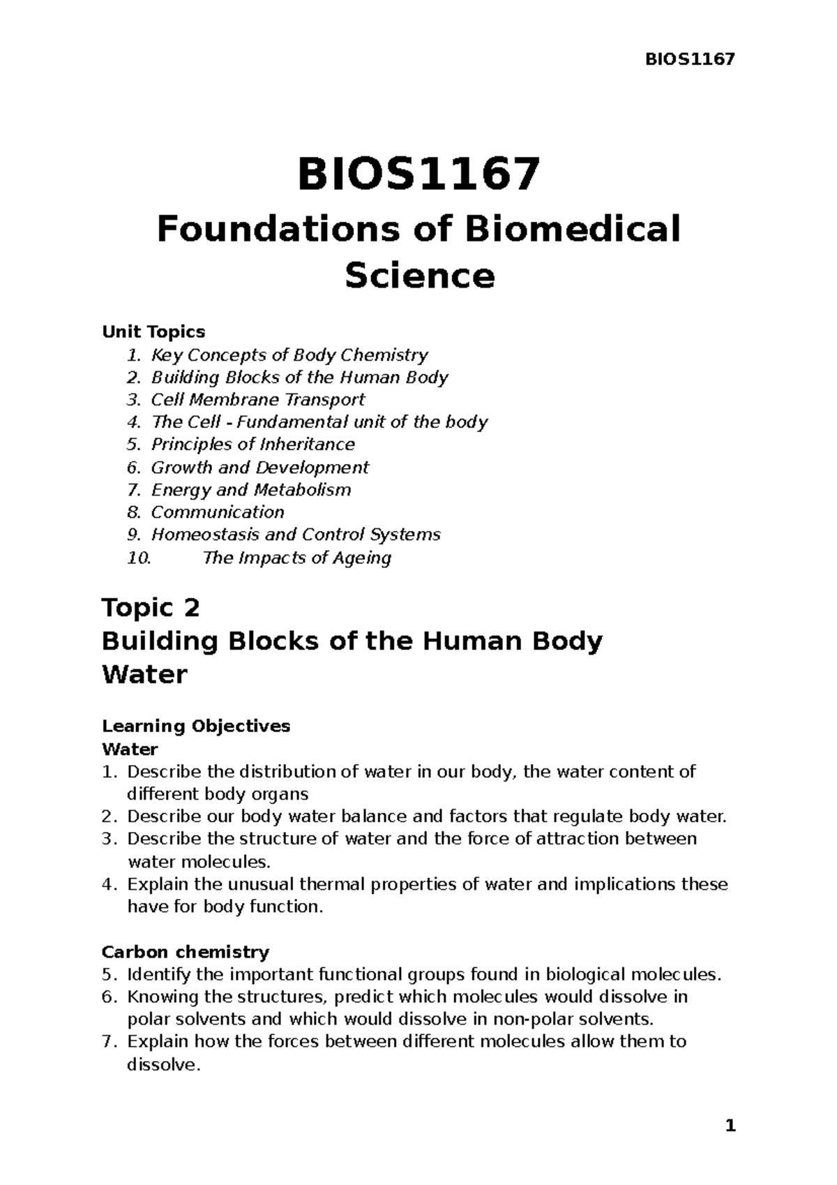 BIOS1167 Lecture Notes: Foundations of Biomedical Science Overview ...