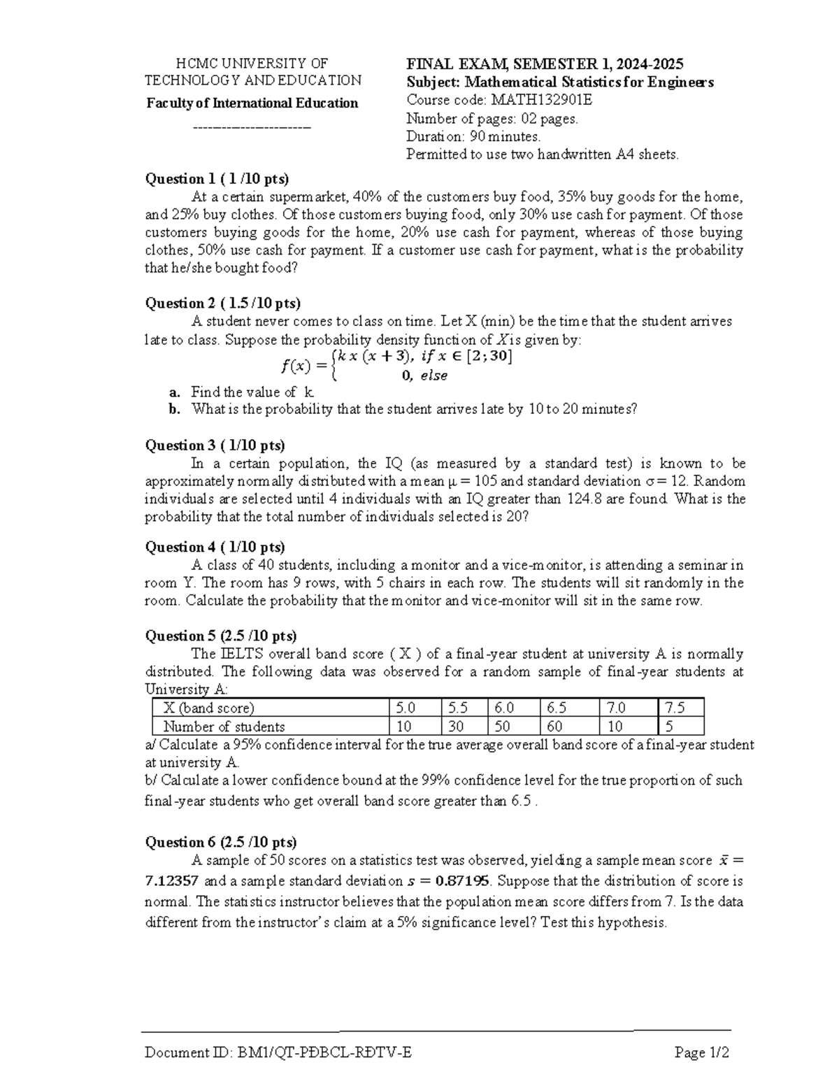 Mathematical Statistics for Engineers - Final Exam MATH132901E - Studocu