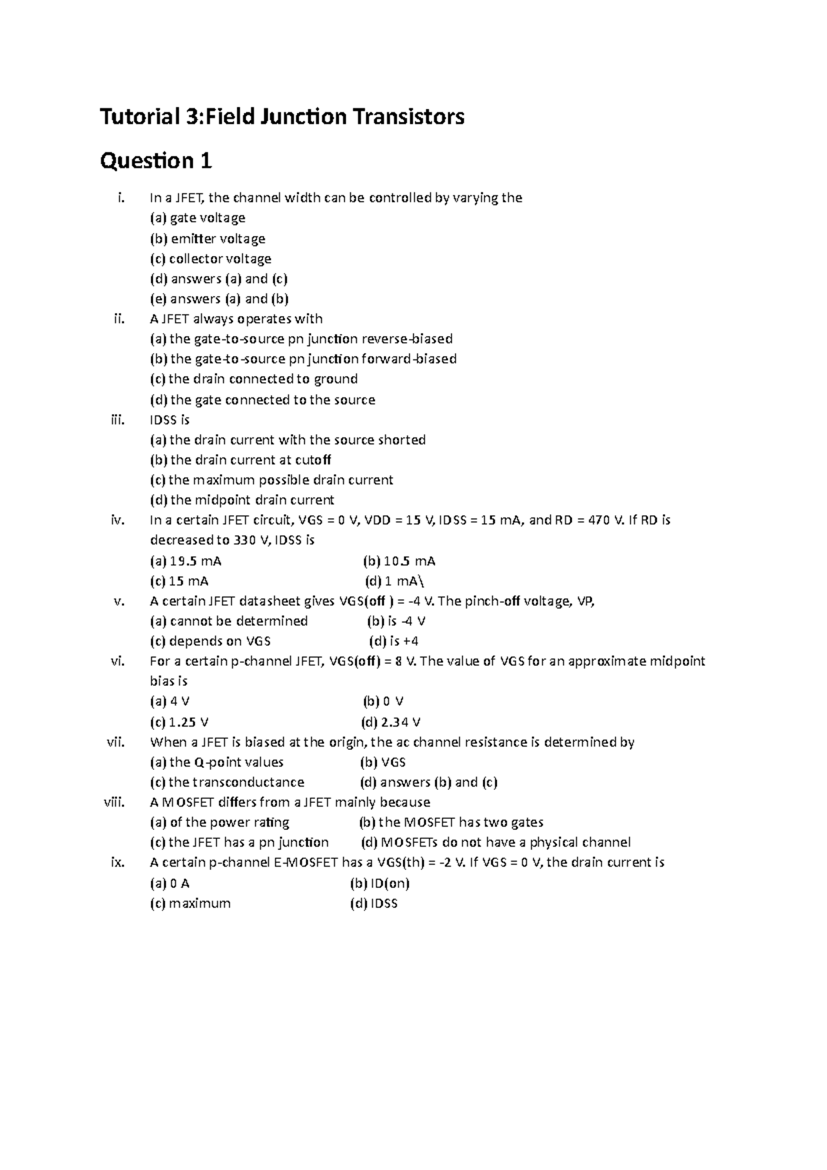 Tutorial 3: Chapter 8 - JFET Practice Questions and Diagrams - Studocu