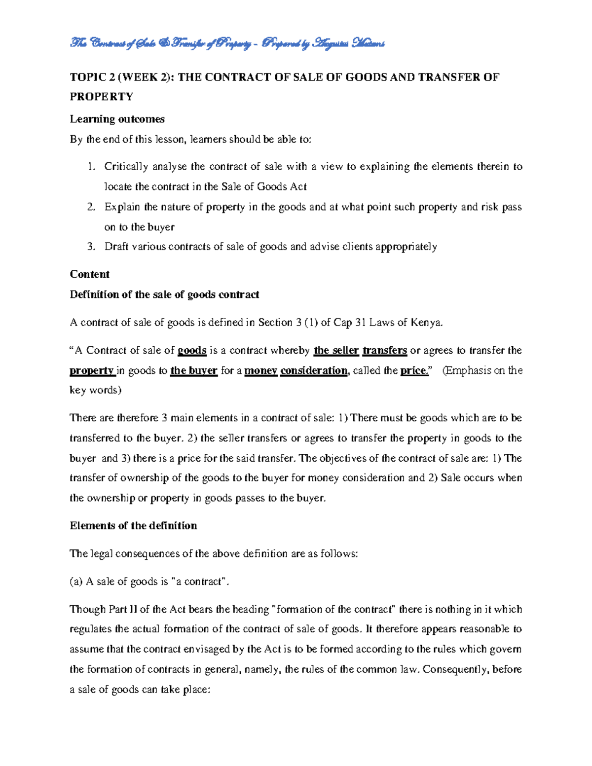 Contract of Sale of Goods and Property Transfer (TOPIC 2, WEEK 2) - Studocu