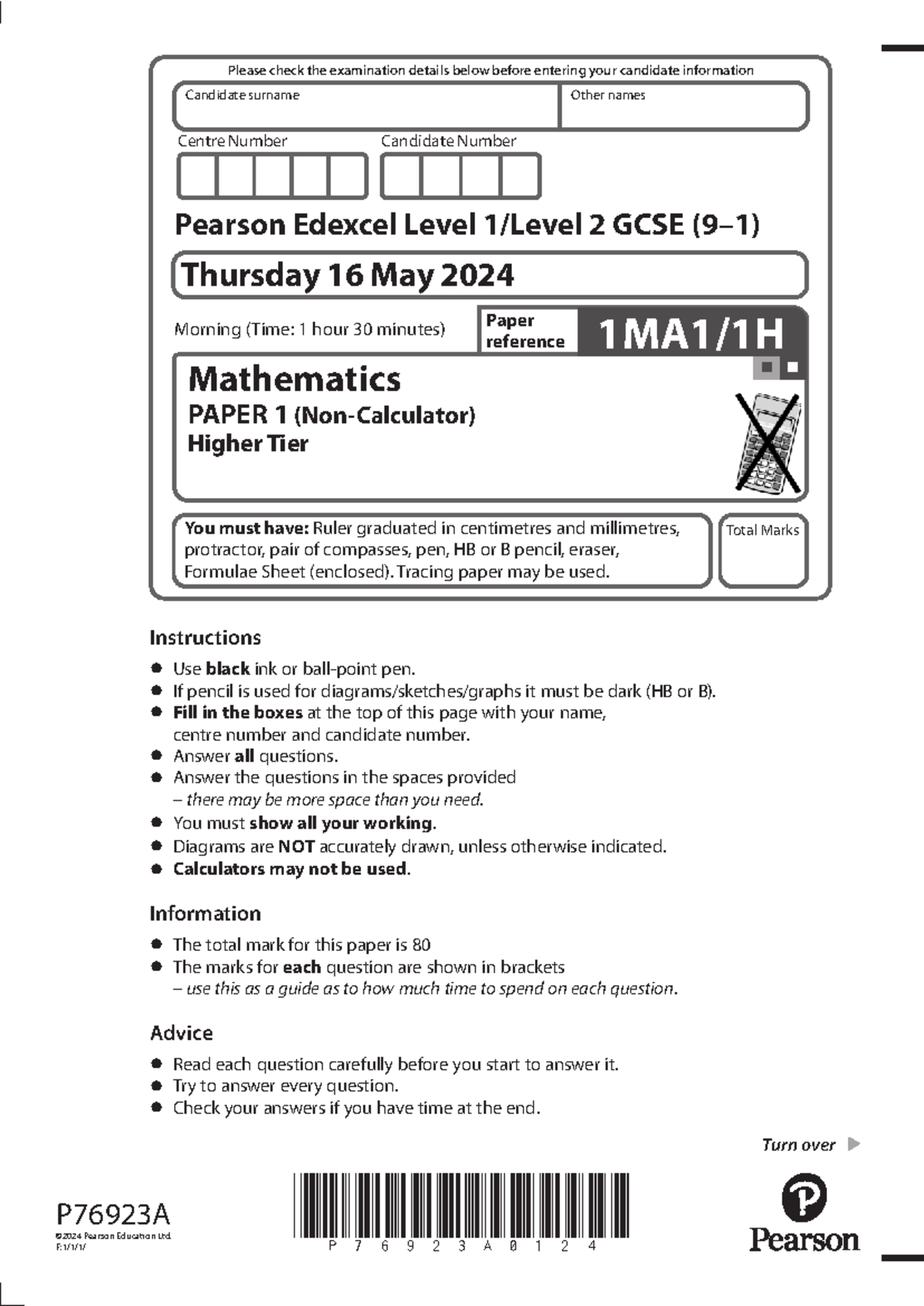 Maths Paper 1 (Higher Tier) Exam Details - 16 May 2024 - Studocu
