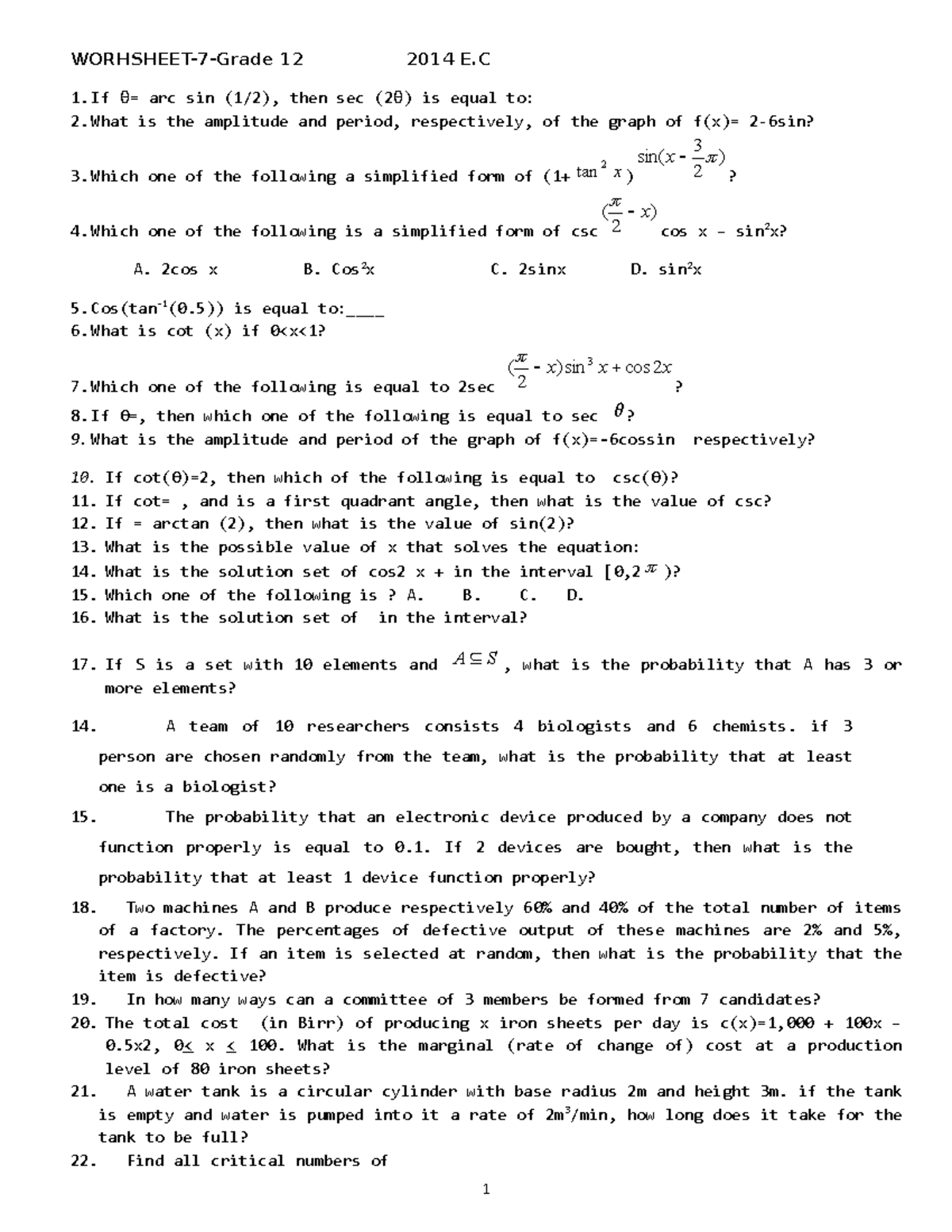 Worksheet 7: Grade 12 Math Problems and Solutions 2014 E.C. - Studocu