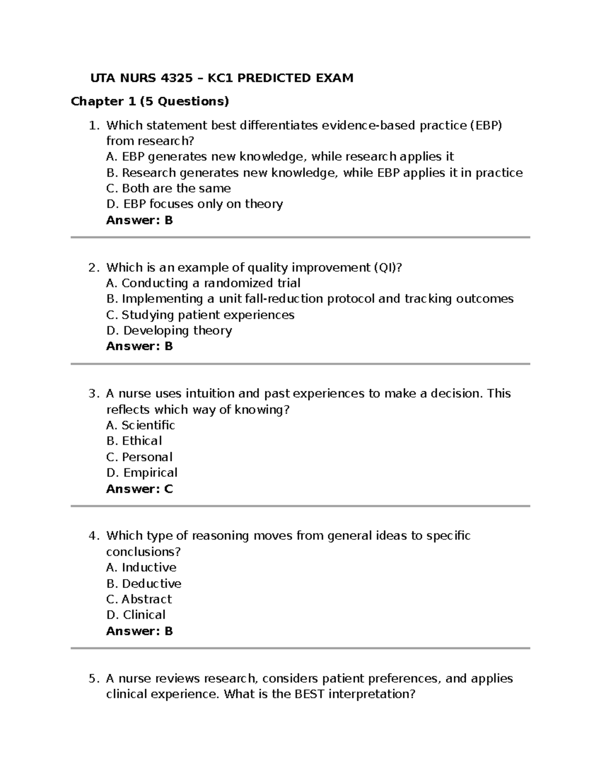 UTA NURS 4325 KC1 PREDICTED EXAM Module 1 Practice Exam Questions - Studocu