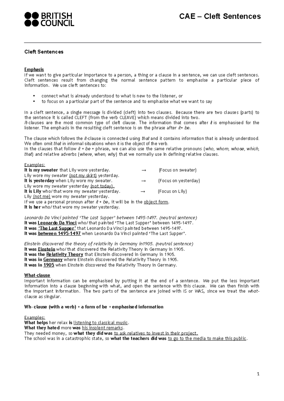 CAE Cleft Sentences: Emphasis and Structure Explained - Studocu