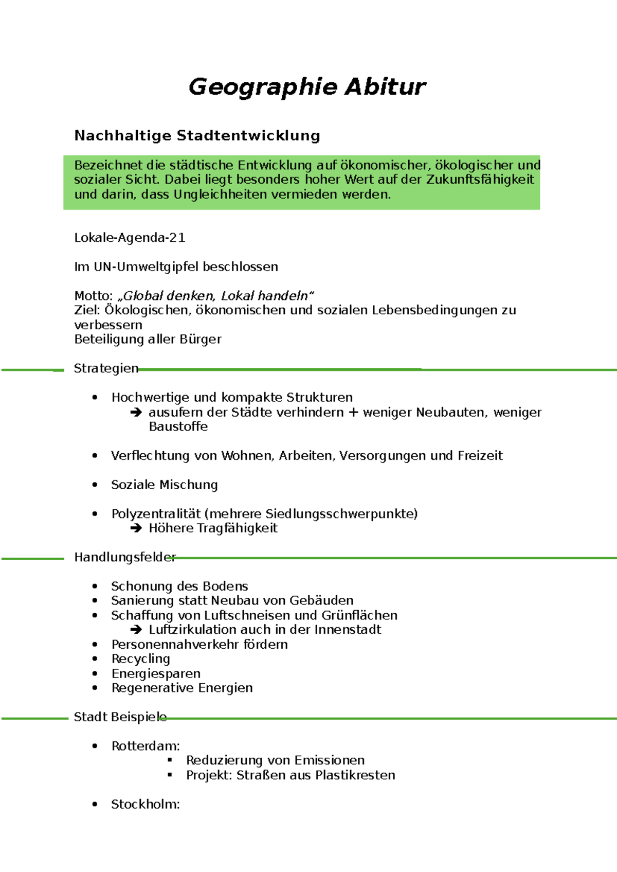 Geographie Abitur - Nachhaltige Stadtentwicklung und Stadtgeographie -  Studocu