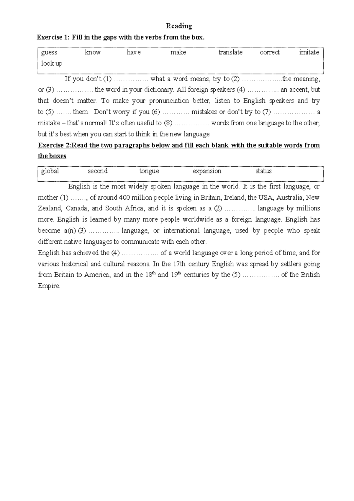 ENG101: Reading Exercise 1 & 2 - Verbs and Language Use - Studocu