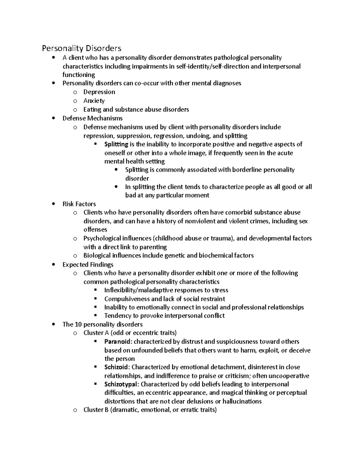 Personality Disorders: Key Concepts and Nursing Care Strategies - Studocu