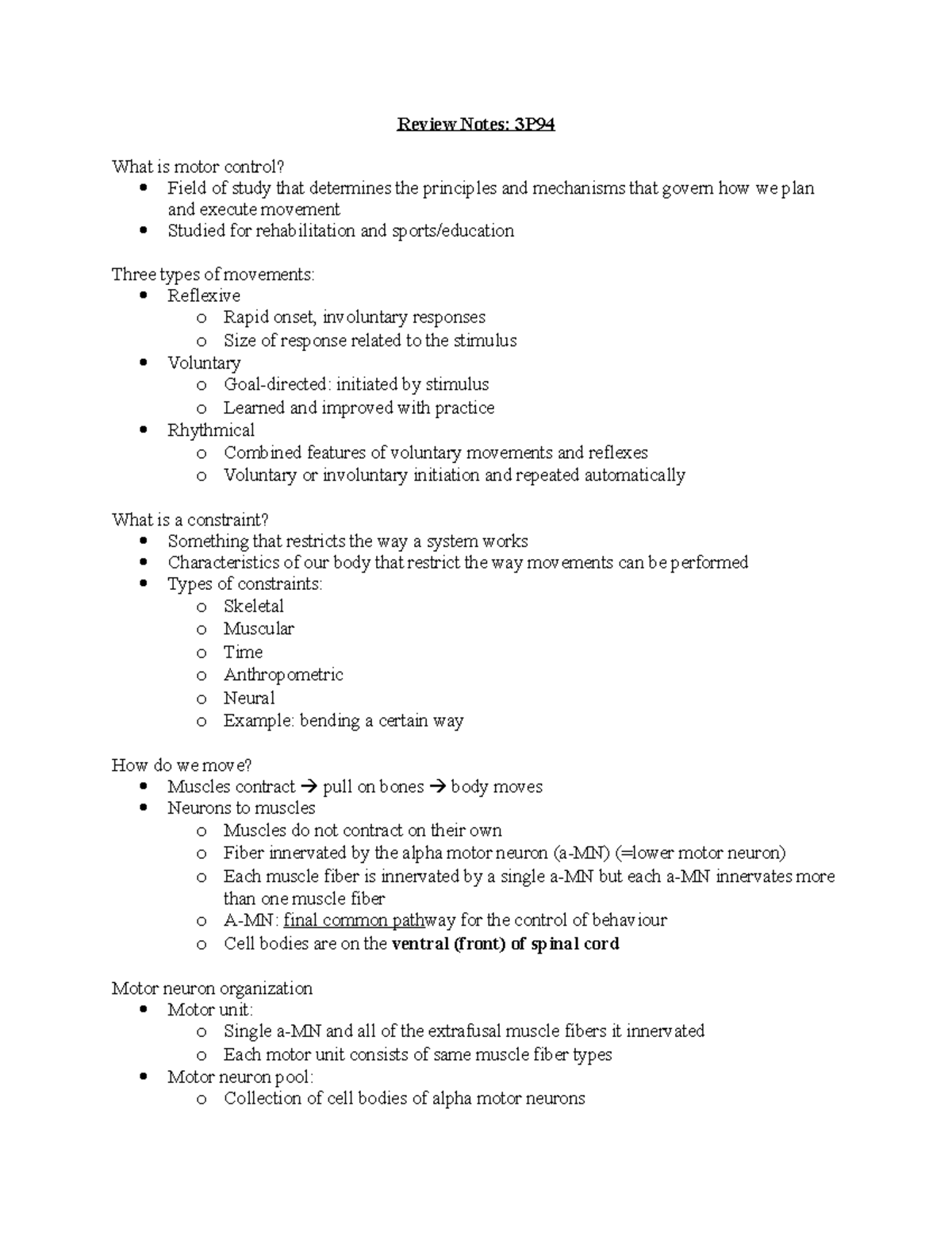 Midterm Review Notes: Motor Control and Sensory Mechanisms - Studocu