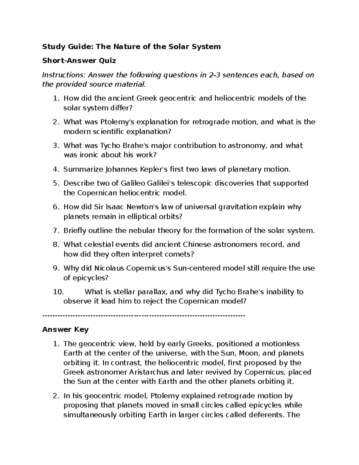 Solar System Quiz Study Guide: Key Concepts and Models - Studocu
