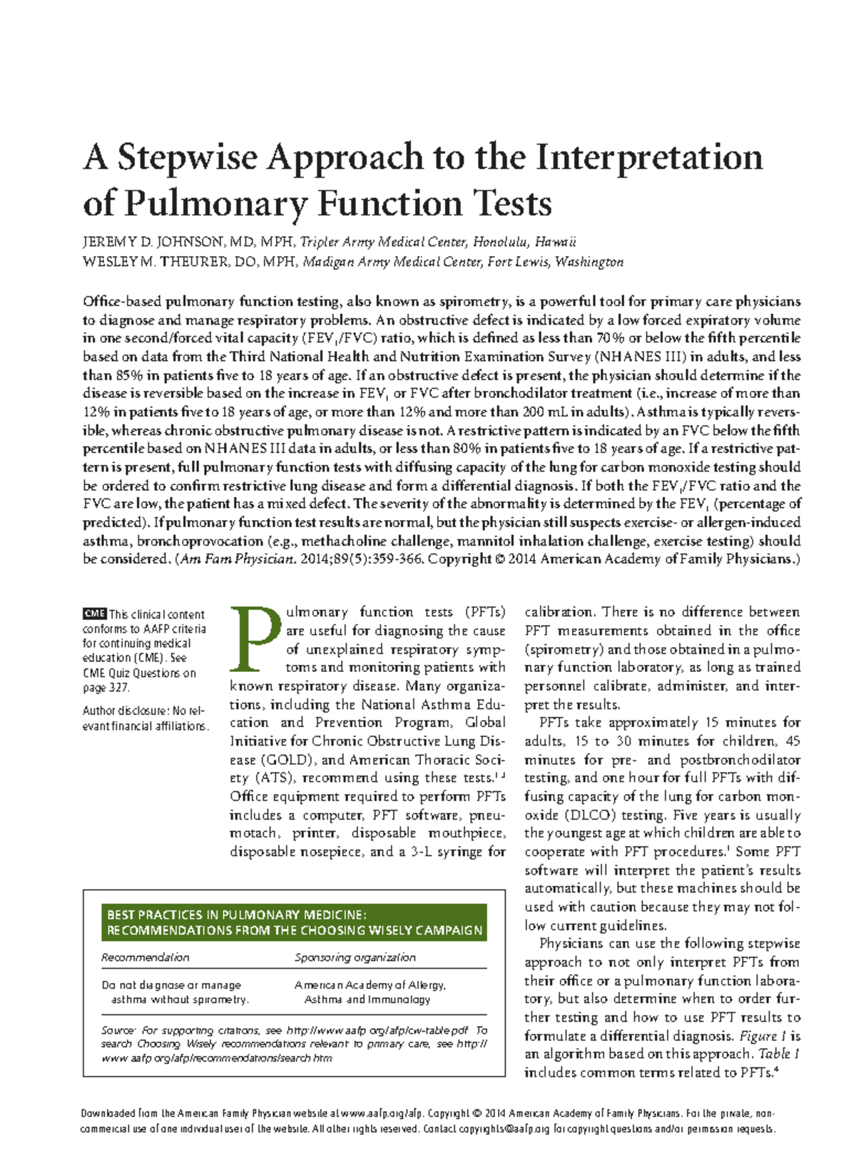 A Stepwise Approach to the Interpretation of Pulmonary Function Tests ...