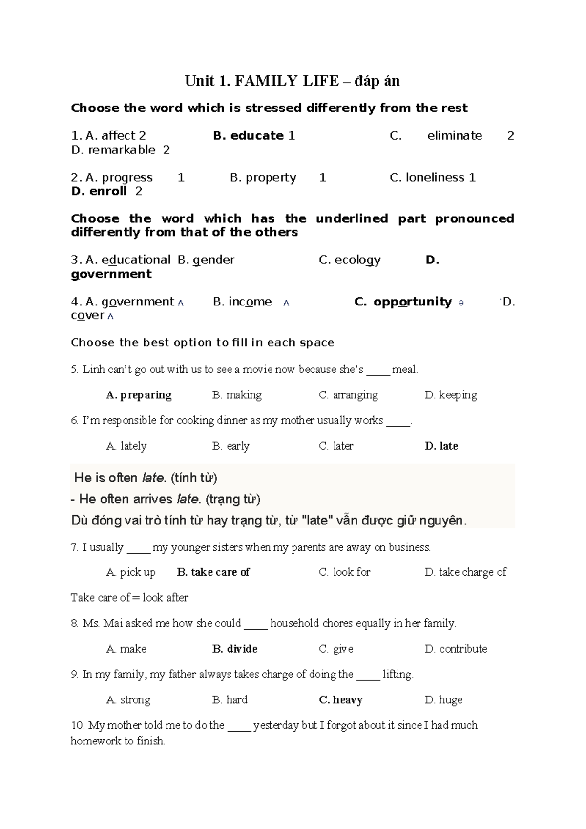 đáp án unit 1 - test - Bai tap tieng Anh - Unit 1. FAMILY LIFE – đáp án ...