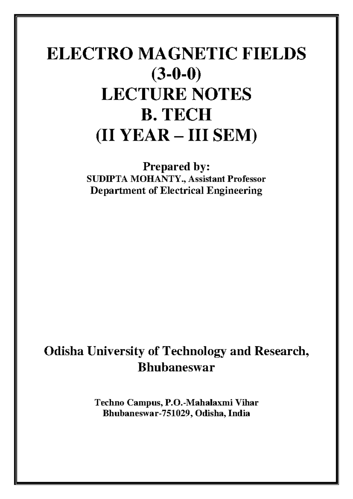 Electromagnetic Fields Lecture Notes (B. TECH II Year III SEM) - Studocu