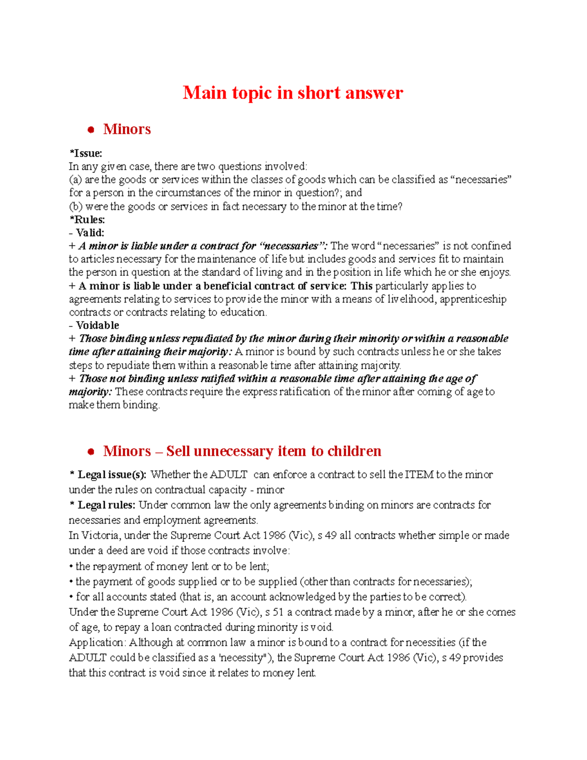 Short Answer Topic - Minors and Contractual Capacity (LAW 101) - Studocu