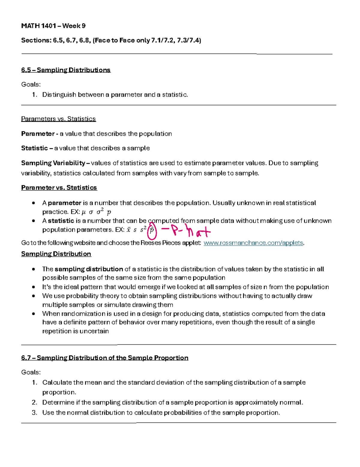 MATH 1401 – Week 9 Lecture Notes on Sampling Distributions - Studocu