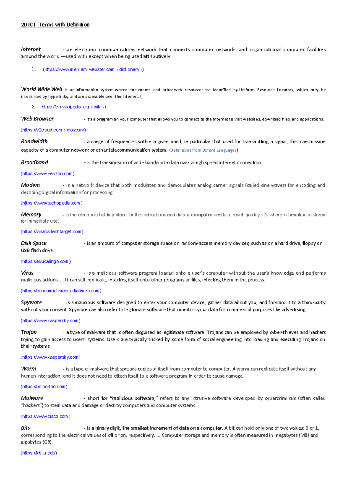 20 Essential ICT Terms with Definitions for Internet-20 Course - Studocu