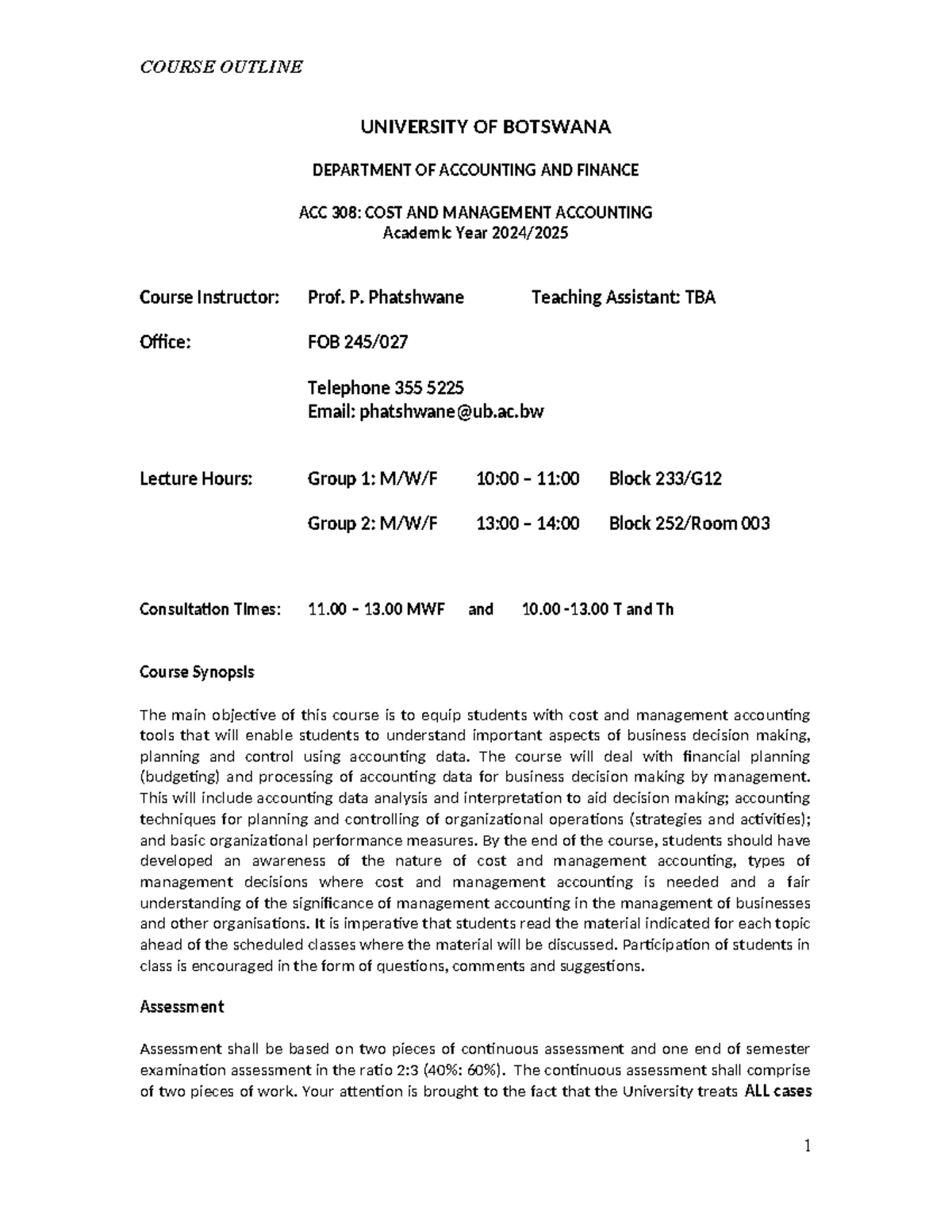 ACC 308 Course Outline - Cost & Management Accounting 2024 - Studocu