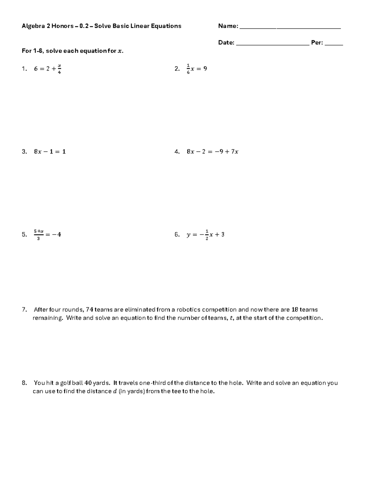 WS - 0.2 - Solve Basic Linear Equations - Algebra 2 Honors – 0. 2 ...