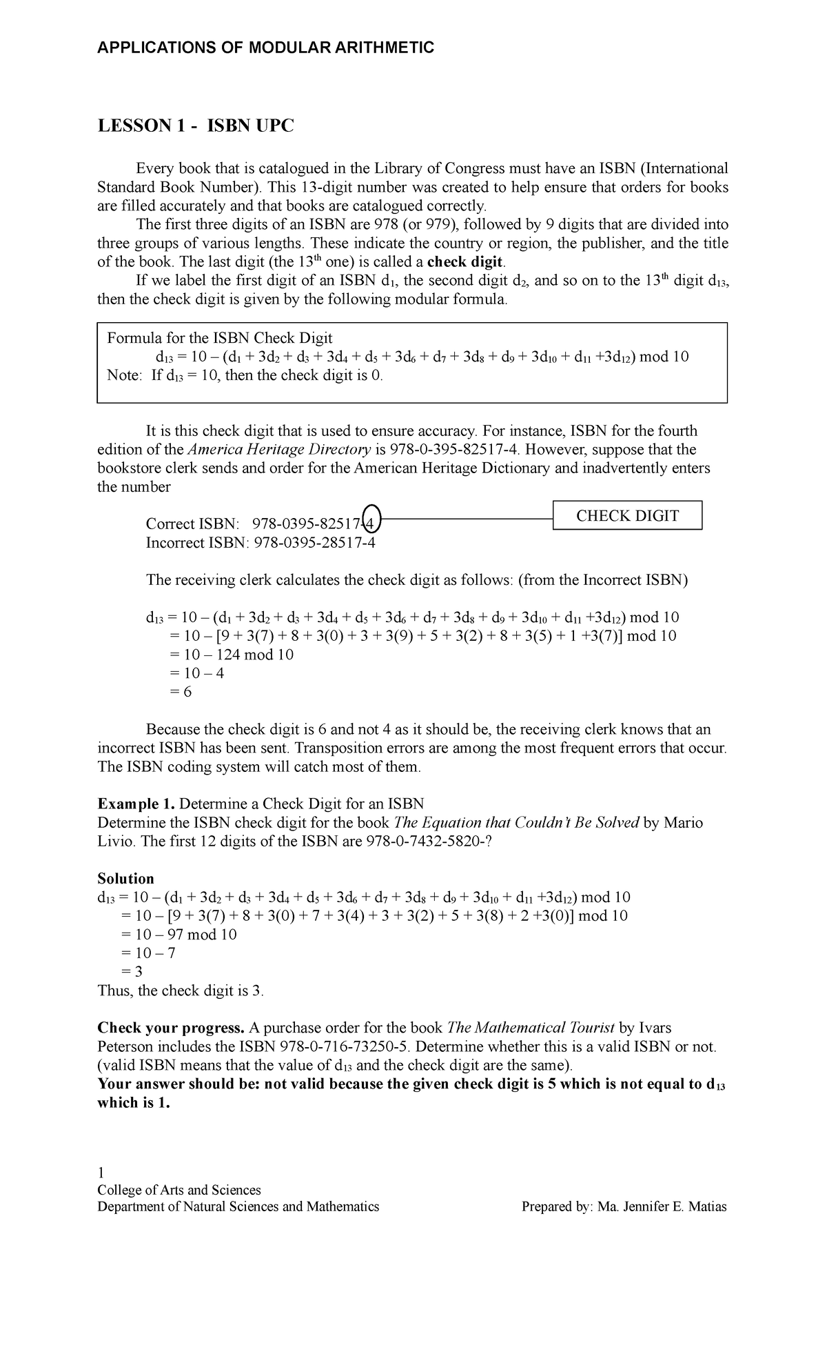 Applications of Modular Arithmetic in ISBN & UPC Check Digits - Studocu