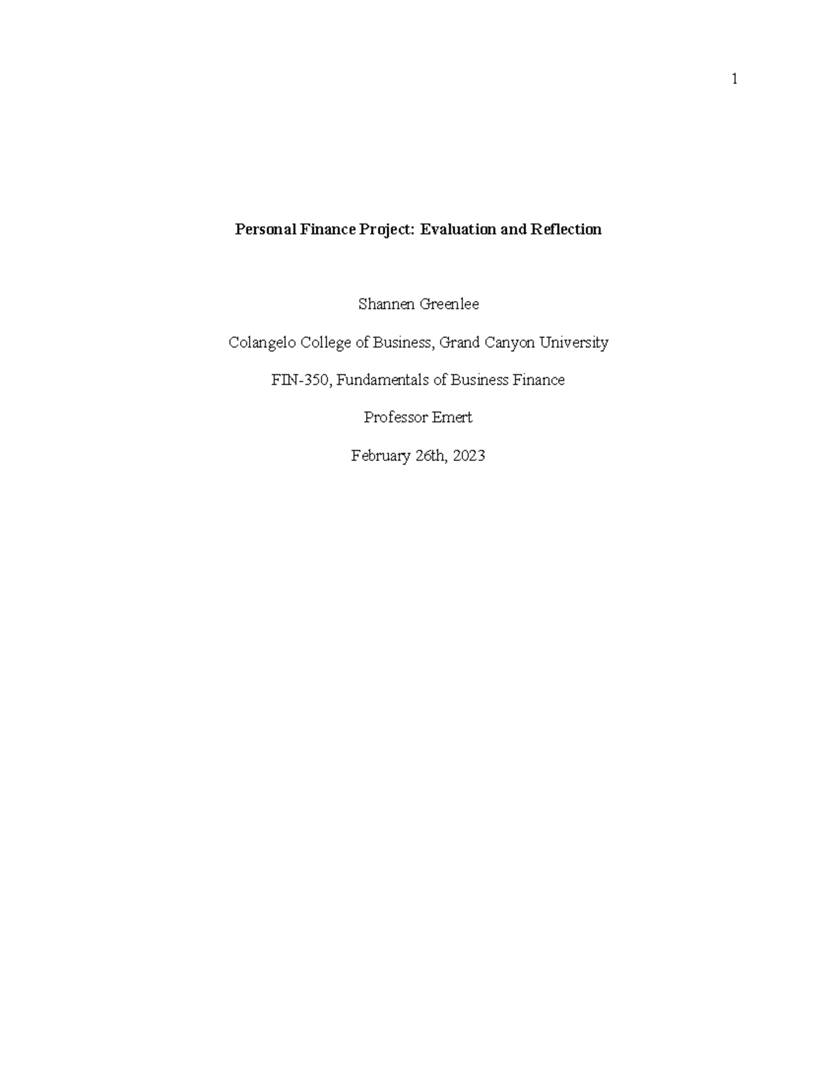 Finance paper - 1 Personal Finance Project: Evaluation and Reflection ...