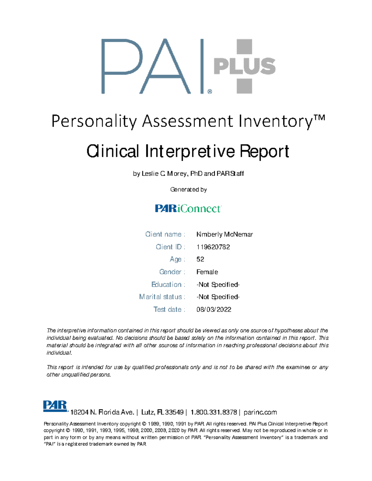 Scores - fjdfgsdgegad - Personality Assessment Inventory™ Clinical ...