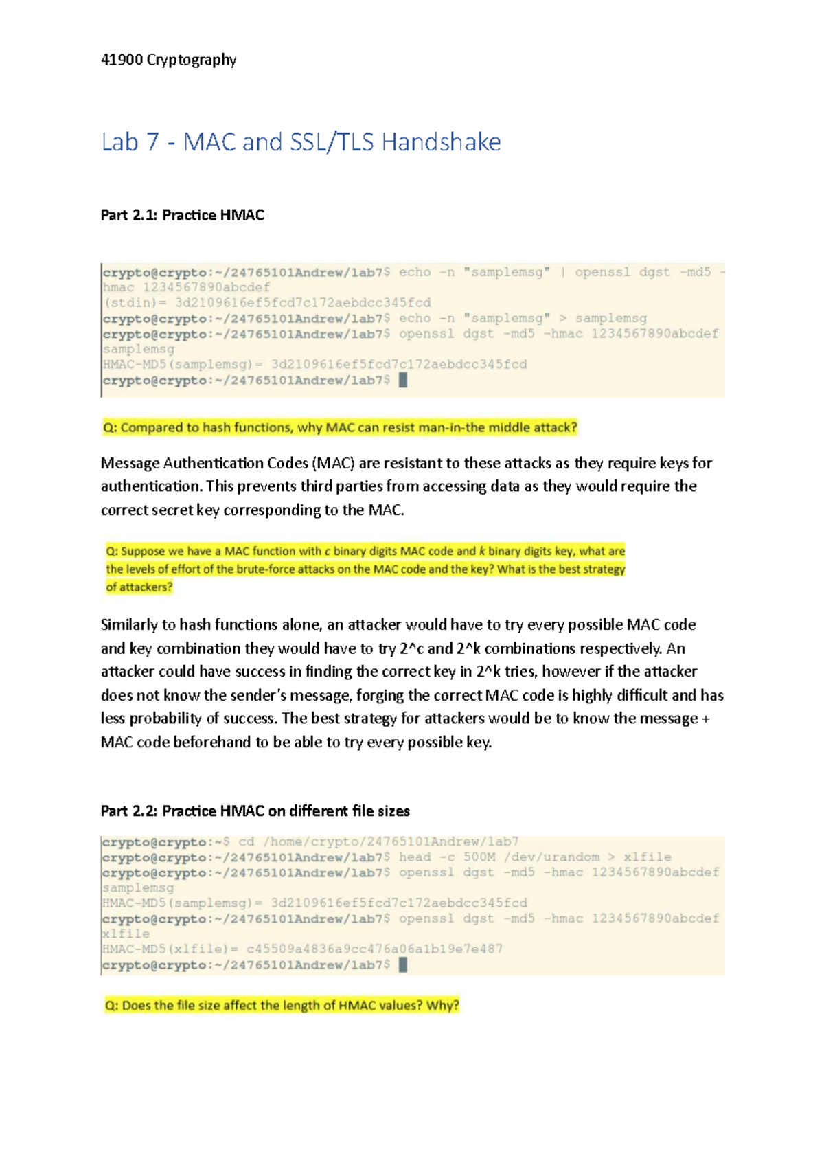 41900 Cryptography Lab 7 - HMAC and SSL/TLS Handshake Analysis - Studocu