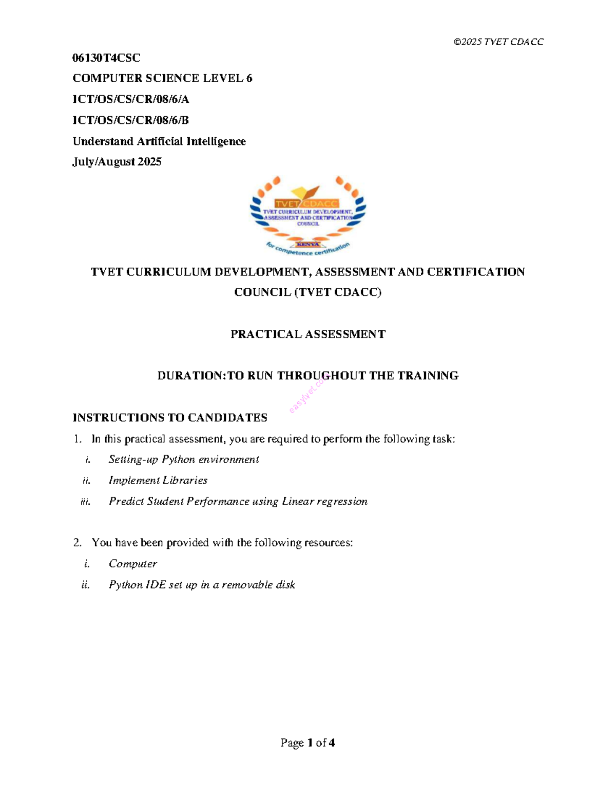 TVET CDACC 06130T4CSC Level 6 AI Practical Assessment Guide - Studocu