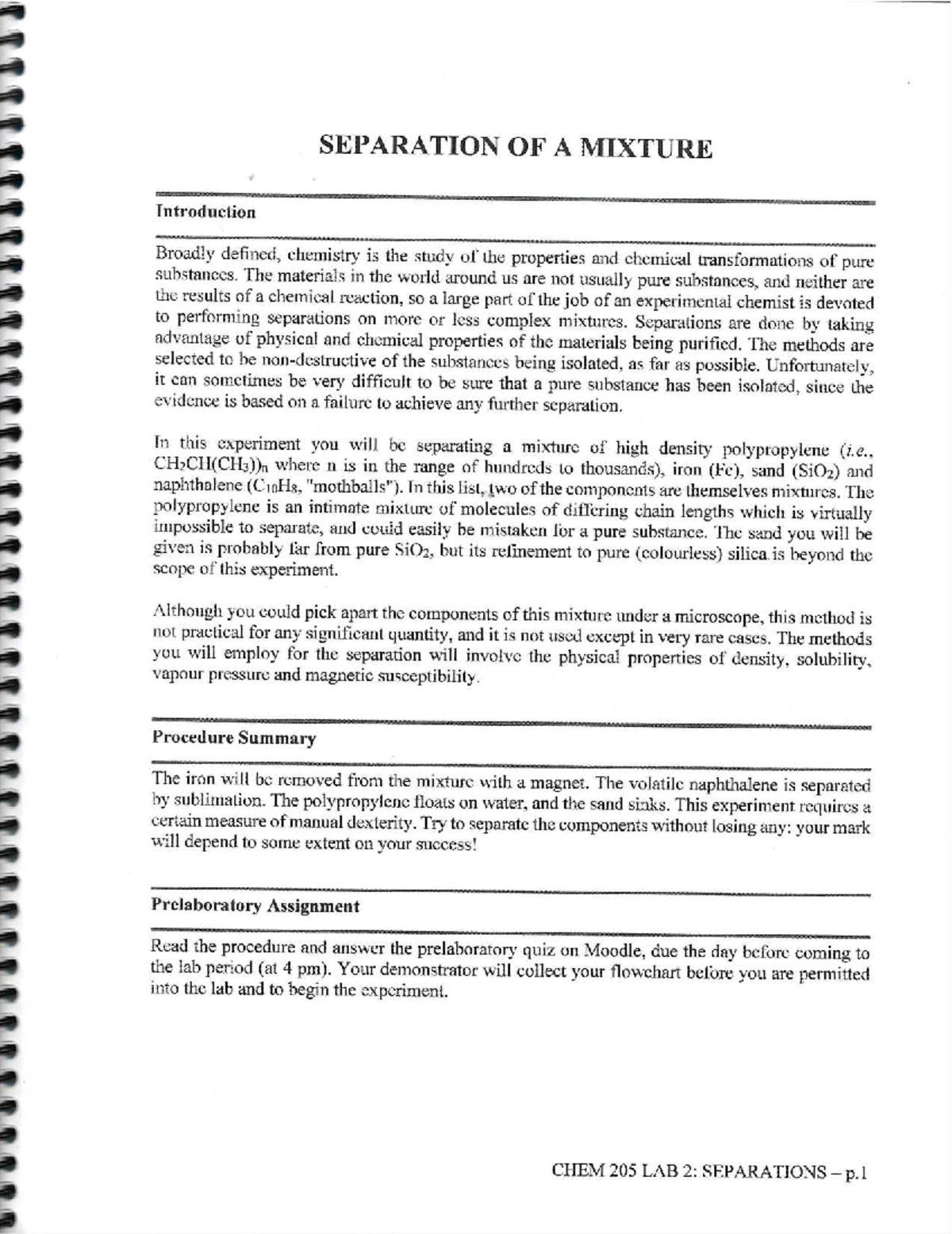 CHEM 205 LAB 2: Separation Techniques for Mixtures and Components - Studocu