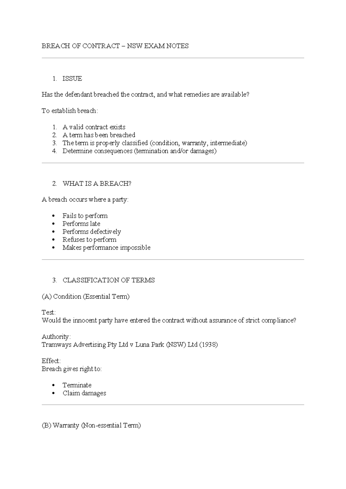 NSW Contract Law Exam Notes: Breach & Remedies (IRAC Format) - Studocu