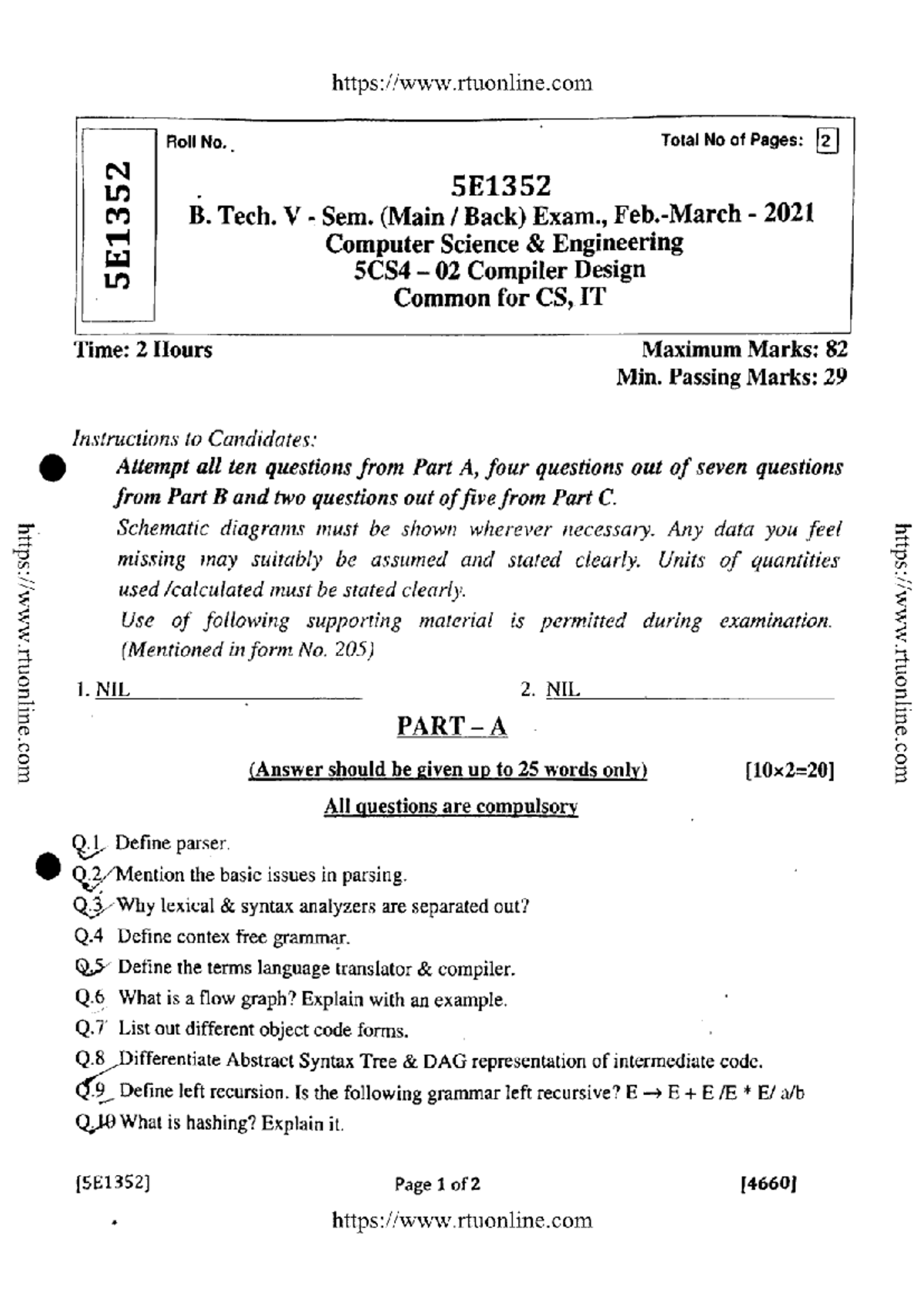 Btech cs it 5 sem compiler design 5e1352 mar 2021 - Roll No. Total No ...