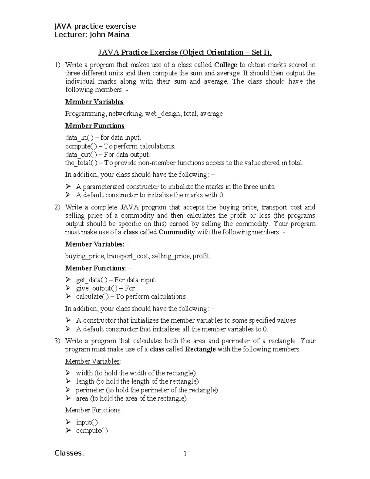 JAVA Practice Exercise (Object Orientation Set I) - Class ...