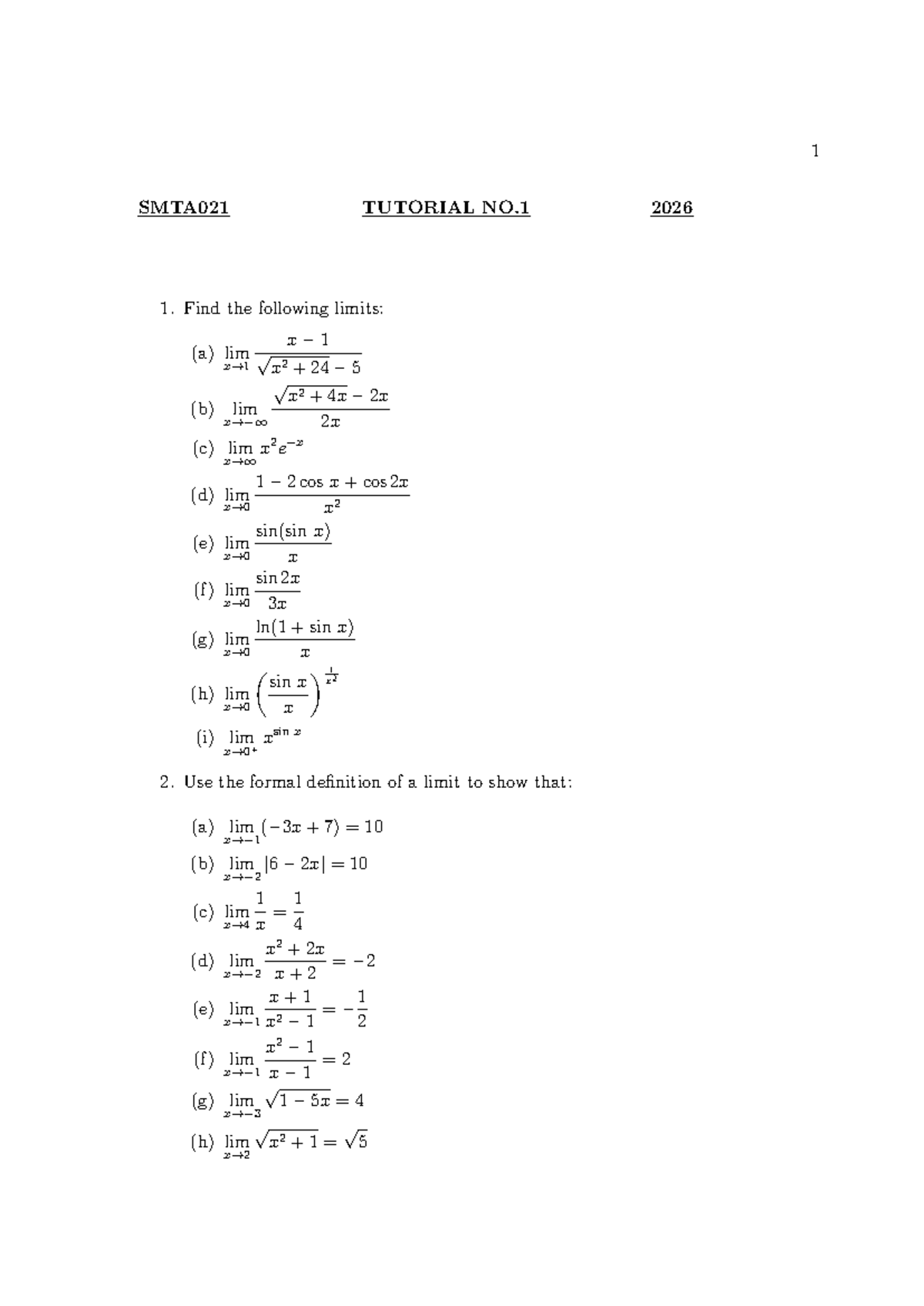 SMTA021 Tutorial 1: Limit Evaluations and IVT Applications - Studocu