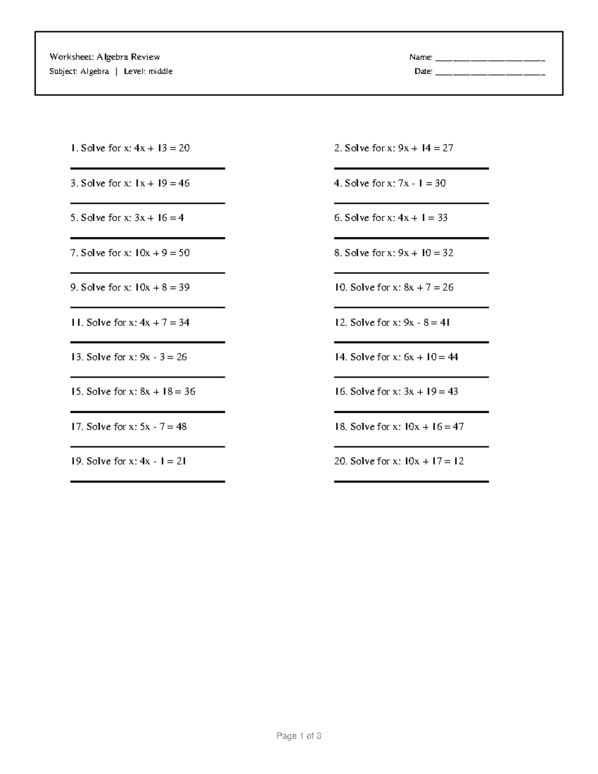 Algebra Review Worksheet: Middle Level Practice - Studocu