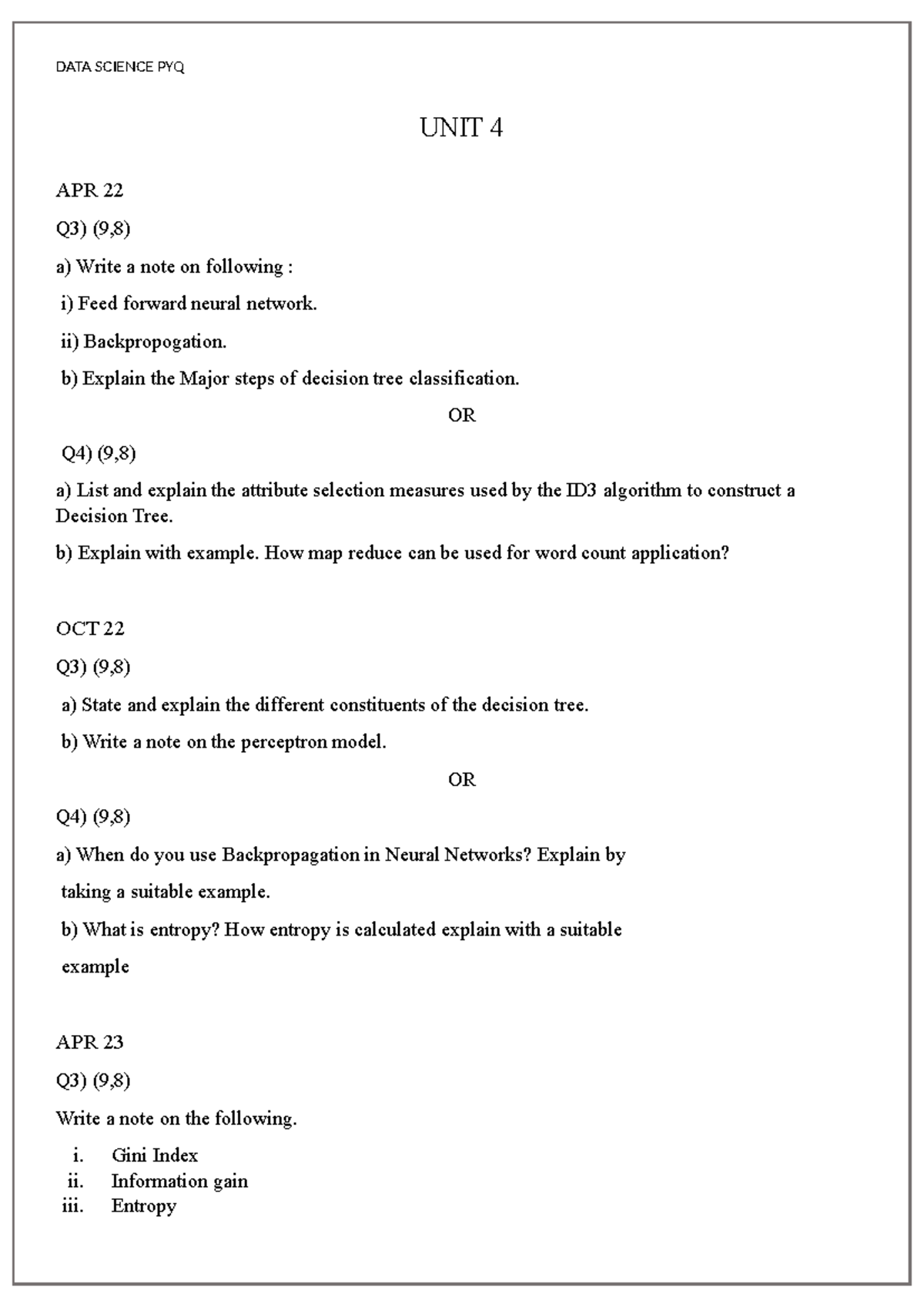 DATA SCIENCE PYQ UNIT 4 - Comprehensive Notes on Neural Networks and ...