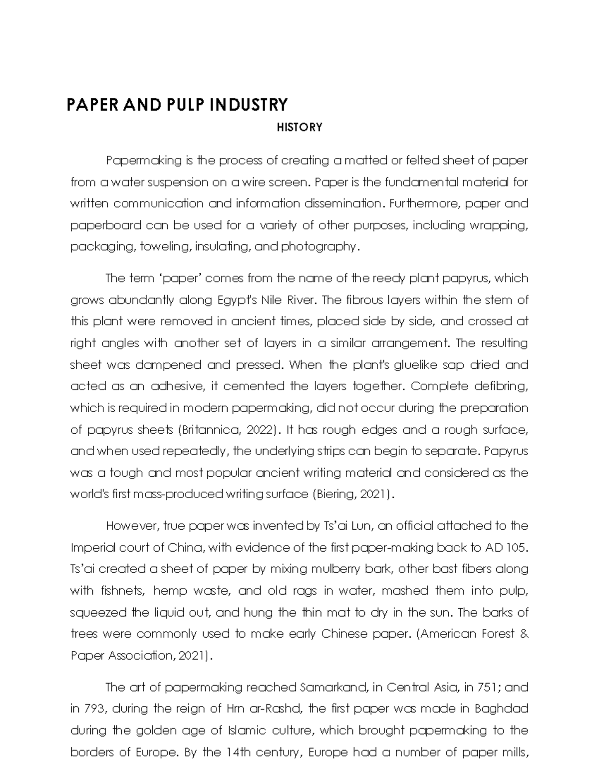 PAPER AND PULP INDUSTRY: HISTORY & PRODUCTION PROCESS OVERVIEW - Studocu