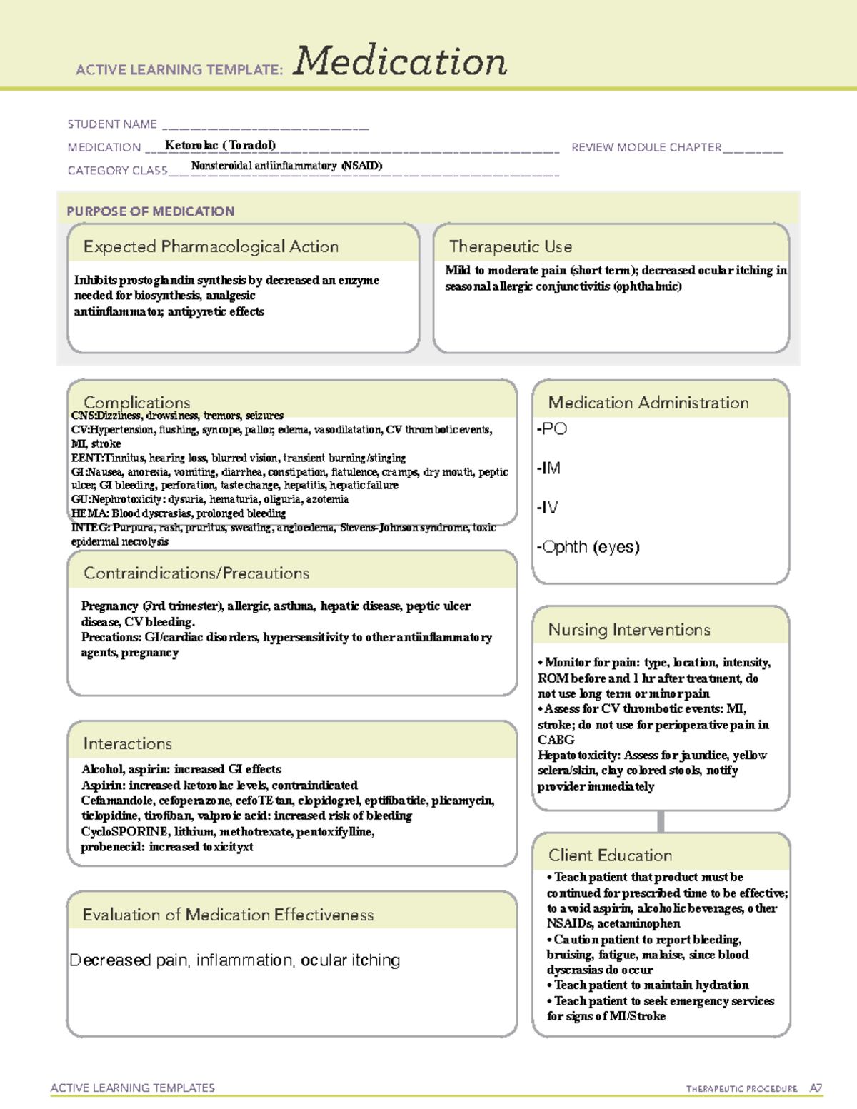 Toradol - med card - ACTIVE LEARNING TEMPLATES THERAPEUTIC PROCEDURE A ...