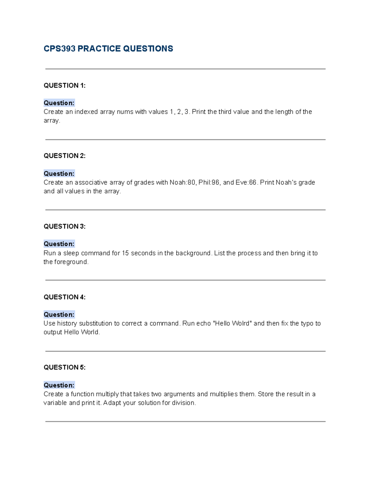 CPS393 Practice Questions: Arrays, Functions, and Scripts - Studocu