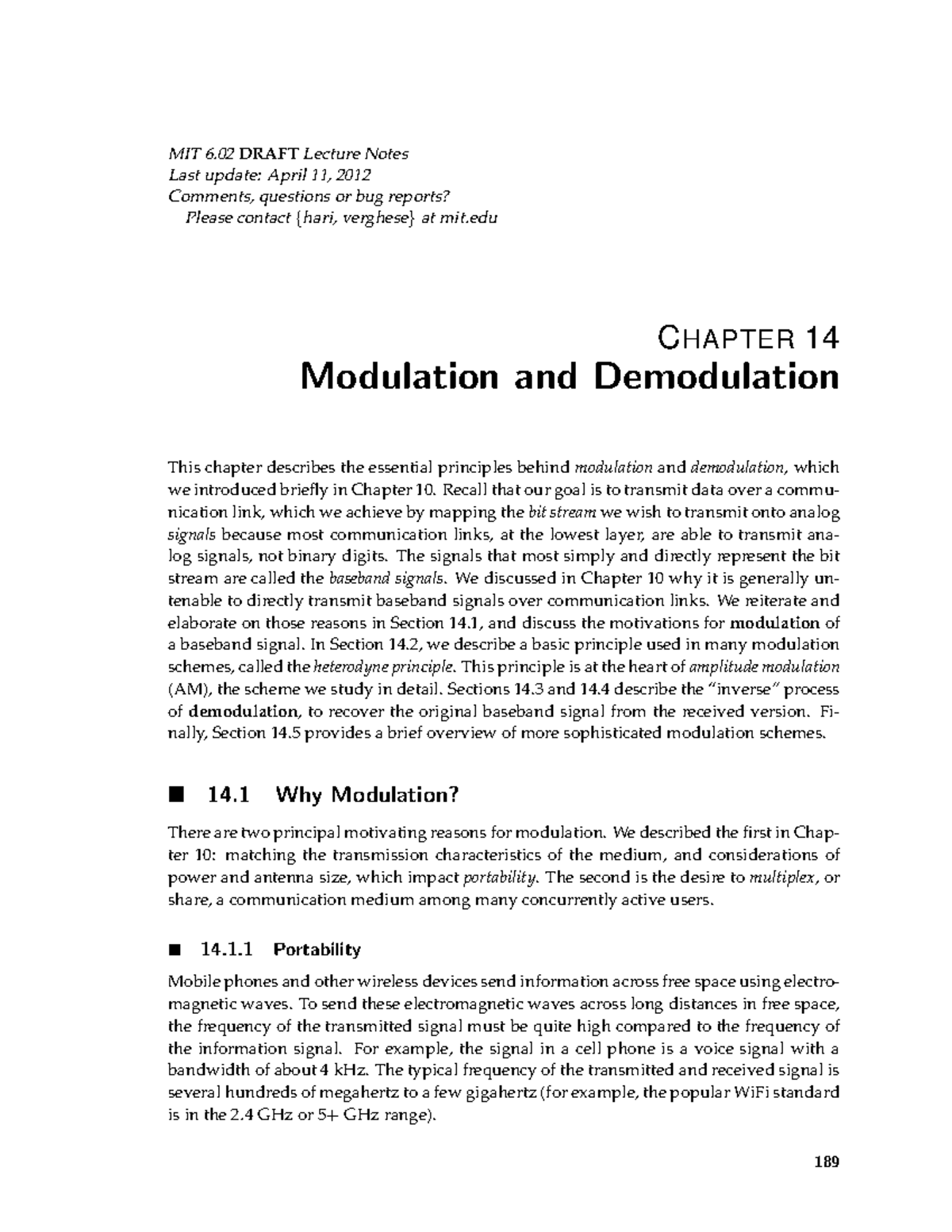 MIT 6.02 Spring 2012 Lecture 14: Modulation and Demodulation Notes ...