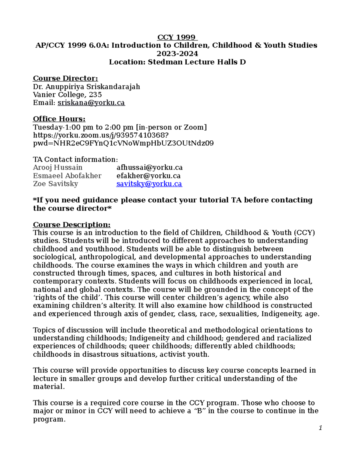 CCY 1999 Course Outline for Introduction to Children, Childhood & Youth ...