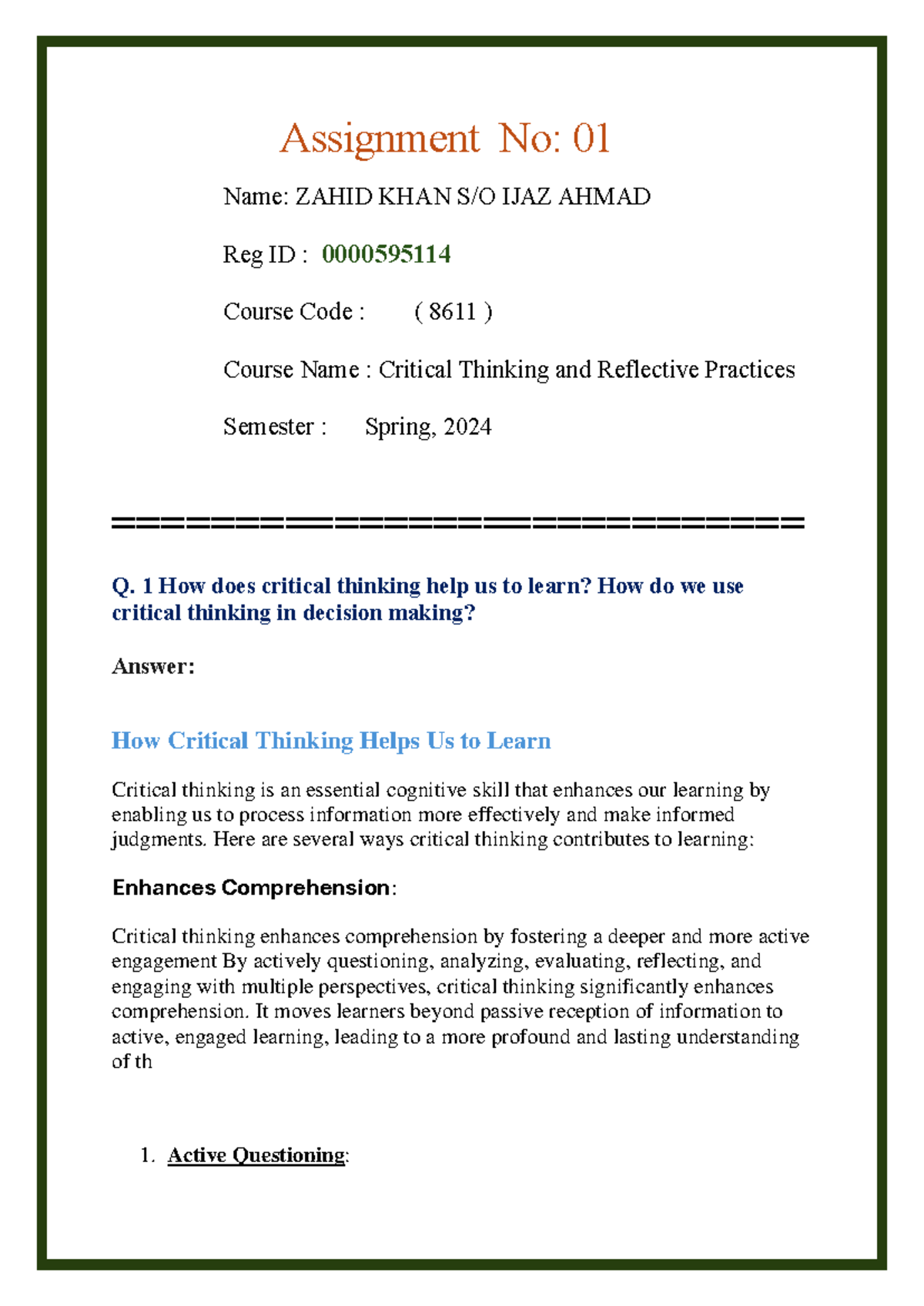 (8611) Critical Thinking Final Assignment Overview and Analysis - Studocu
