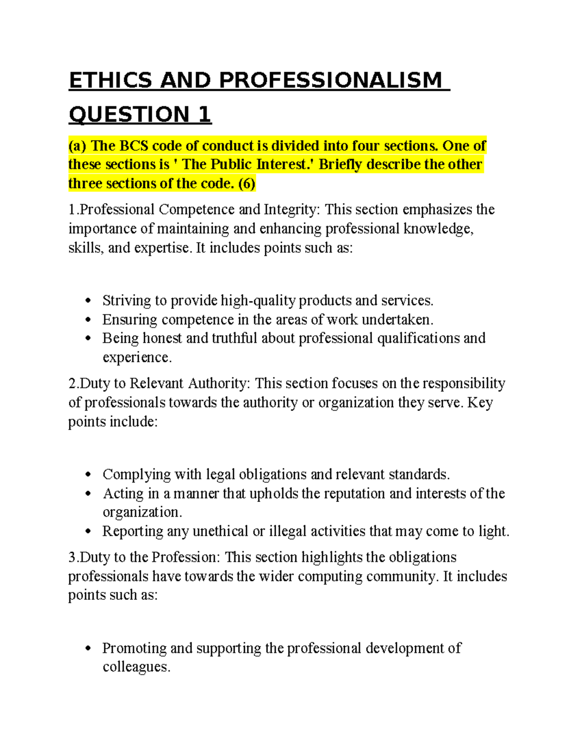 ETHICS AND PROFESSIONALISM QUESTIONS AND SOLUTIONS (COMP 101) - Studocu