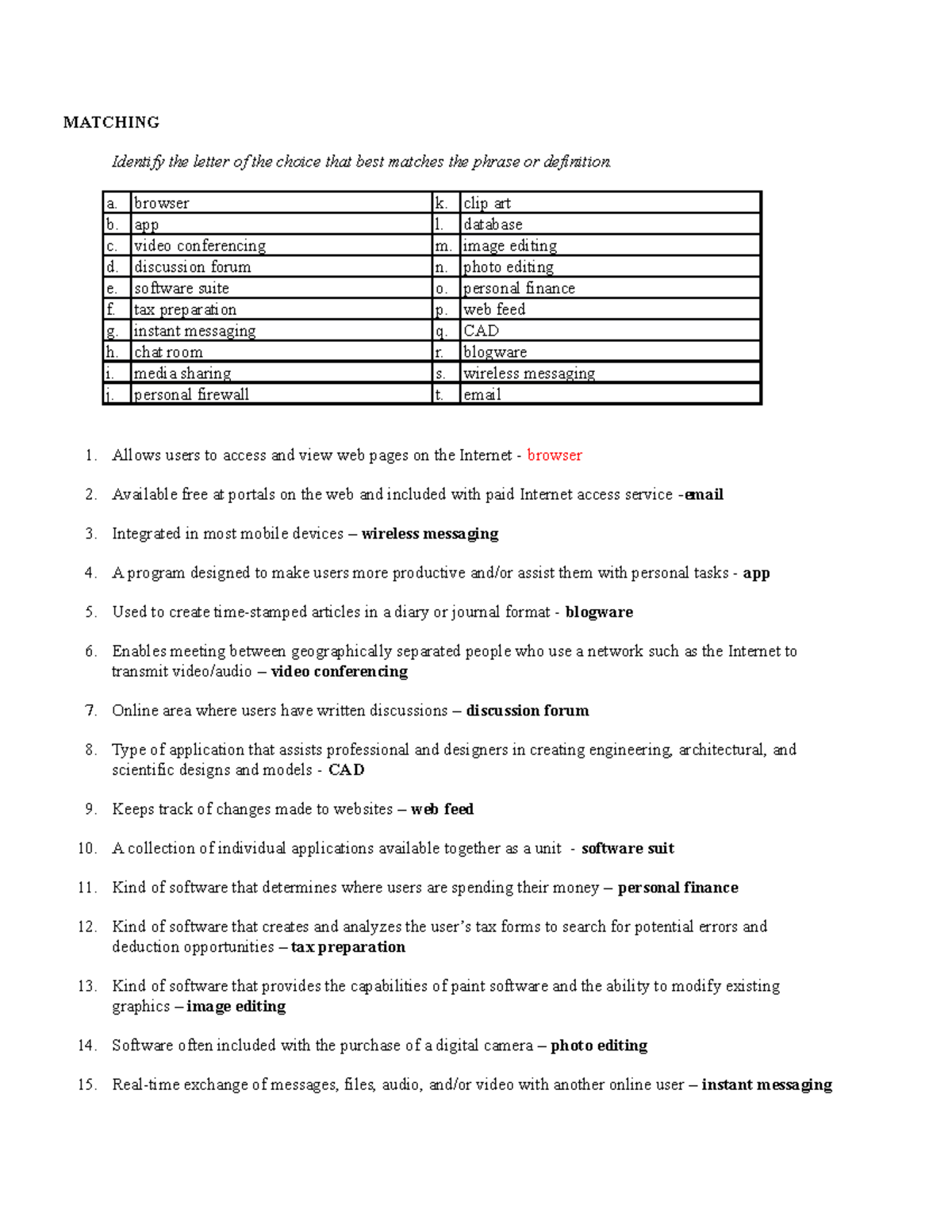 AIS160 - Programs & APPS Exercise - MATCHING Identify the letter of the ...