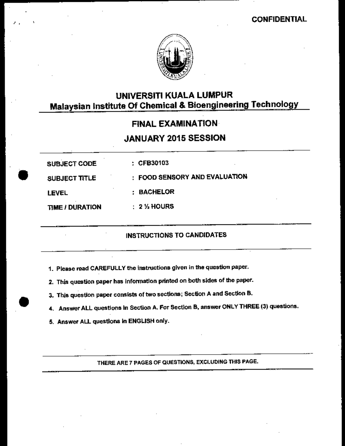 CFB30103 Final Exam: Food Sensory and Evaluation January 2015 - Studocu